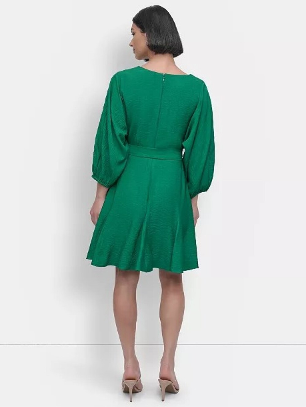 DKNY Green Faux Wrap Dress with Embroidered Sleeves - Women - Picture 2 of 5